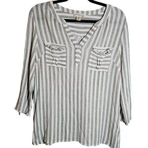 Striped White & Gray Button-Tab Sleeve V-Neck Tunic Top By Faith And Joy XL
